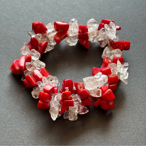 Red Coral Chip Statement Necklace And Bracelet Set | 18 IN - Picture 8 of 10